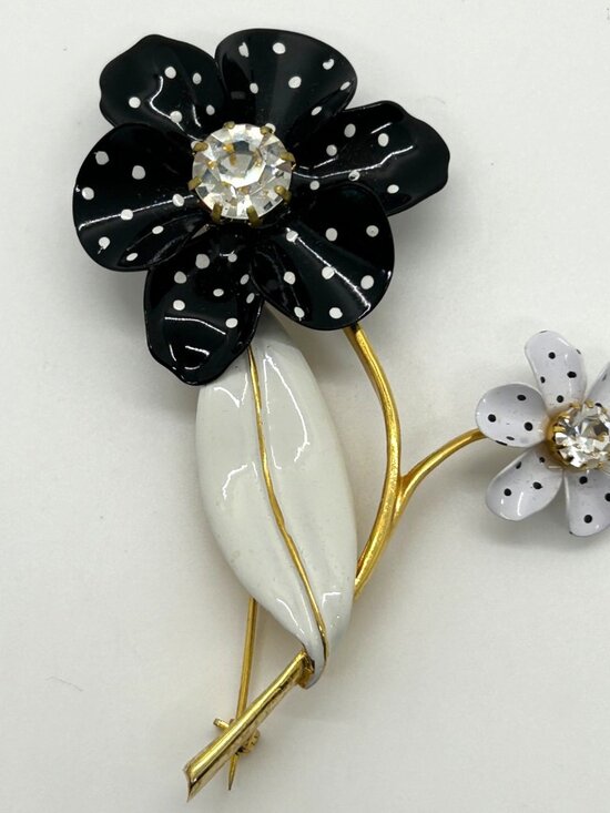 Avon Jewelry - Vintage Avon Spectator Brooch Black & White Enamel Polka Dot Flower Rhinestone